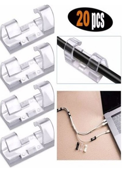 20 Adet Kablo Düzenleyici Duvar Fayans Cam Kablo Tutucu Yapışkanlı Klips Şeffaf Renk