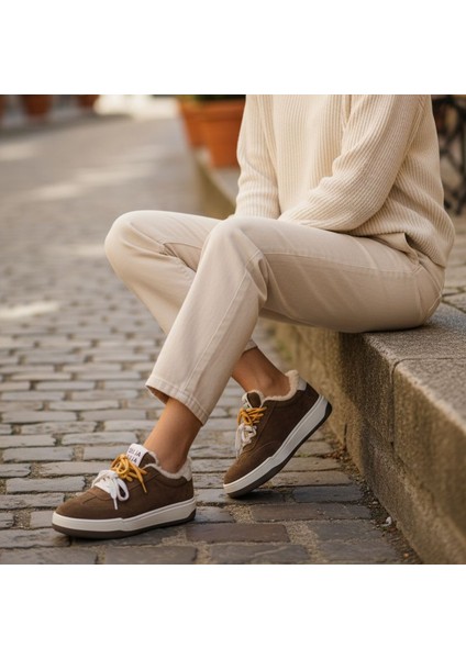 G25K372 Içi Kürklü Camel Renk Kadın Süet Sneaker Ayakkabı