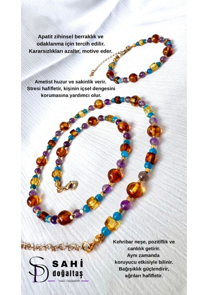 Kehribar Kolye Bileklik Set (Apatit-Ametist Doğaltaş)