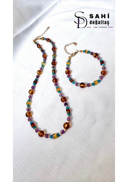 Kehribar Kolye Bileklik Set (Apatit-Ametist Doğaltaş) fırsatları