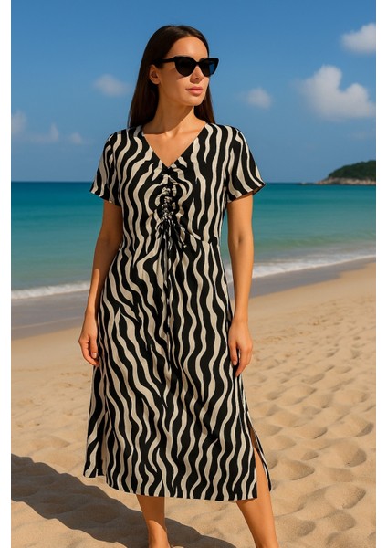 Kadın V Yaka Önden Büzgülü Yarım Kol %100 Viskoz Desenli Spor Şık Büyük Beden Curve Yazlık Elbise