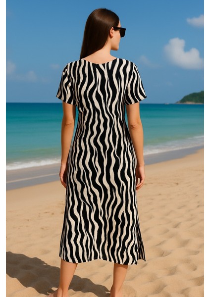 Kadın V Yaka Önden Büzgülü Yarım Kol %100 Viskoz Desenli Spor Şık Büyük Beden Curve Yazlık Elbise fiyatları