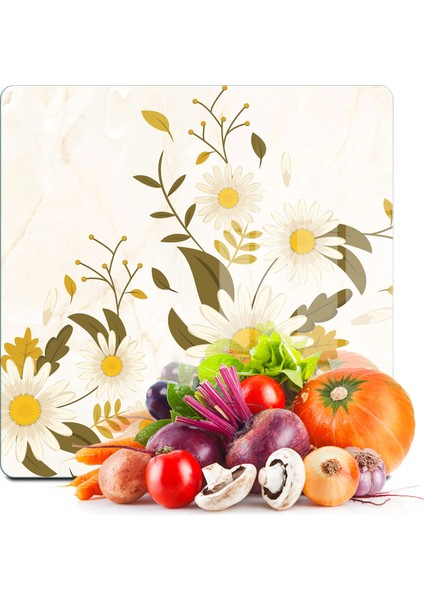 Cam Kesme Tahtası ve Sunumluk Kare Vintage Beyaz Papatya 30X30 cm