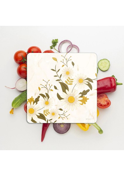 Cam Kesme Tahtası ve Sunumluk Kare Vintage Beyaz Papatya 30X30 cm modelleri