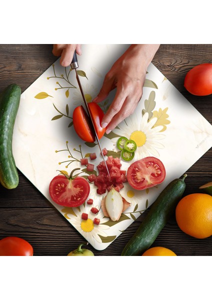 Cam Kesme Tahtası ve Sunumluk Kare Vintage Beyaz Papatya 30X30 cm fırsatları