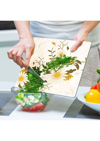 Cam Kesme Tahtası ve Sunumluk Kare Vintage Beyaz Papatya 30X30 cm indirimleri