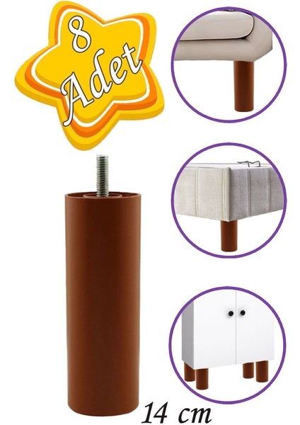 8 Adet Silindir Destek Ayağı 14 cm Kahverengi Gizli Ayak M8 Civatalı Incediş Mobilya Baza Koltuk Mas