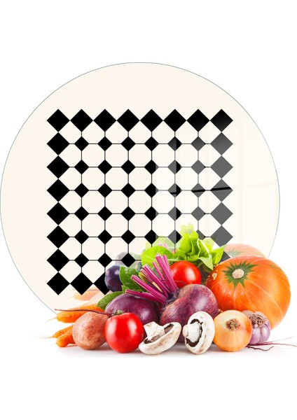 Cam Kesme Tahtası ve Sunumluk Yuvarlak Bej Geometrik Çizgiler 30X30 cm