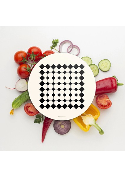 Cam Kesme Tahtası ve Sunumluk Yuvarlak Bej Geometrik Çizgiler 30X30 cm modelleri