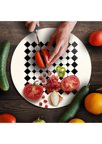 Cam Kesme Tahtası ve Sunumluk Yuvarlak Bej Geometrik Çizgiler 30X30 cm fırsatları