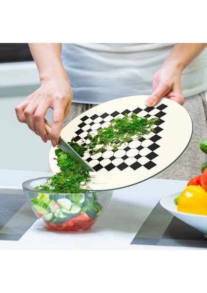 Cam Kesme Tahtası ve Sunumluk Yuvarlak Bej Geometrik Çizgiler 30X30 cm indirimleri