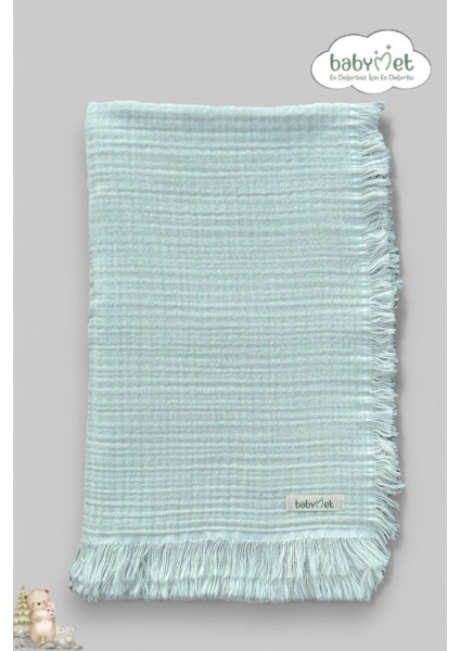 %100 Pamuk 4 Katlı Müslin Bebek Battaniyesi-Mint Renk 100X120 cm – Yumuşak&doğal, Saçaklı Örtü