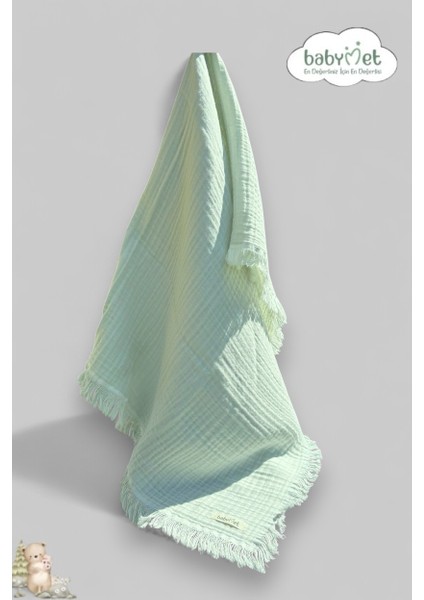 %100 Pamuk 4 Katlı Müslin Bebek Battaniyesi-Mint Renk 100X120 cm – Yumuşak&doğal, Saçaklı Örtü modelleri