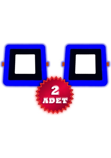 2 Adet Çift Renkli 3 3 W LED Panel Sıva Altı Kare Spot Armatür (Mavi - Beyaz)