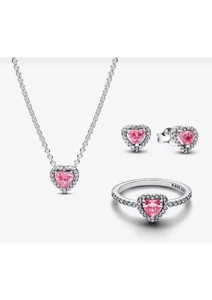 Gümüş Pembe Kalp Taşlı Kolye,küpe,yüzük Seti