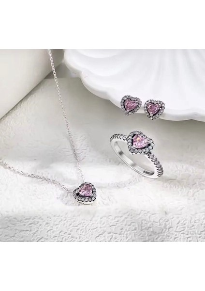 Gümüş Pembe Kalp Taşlı Kolye,küpe,yüzük Seti fiyatları