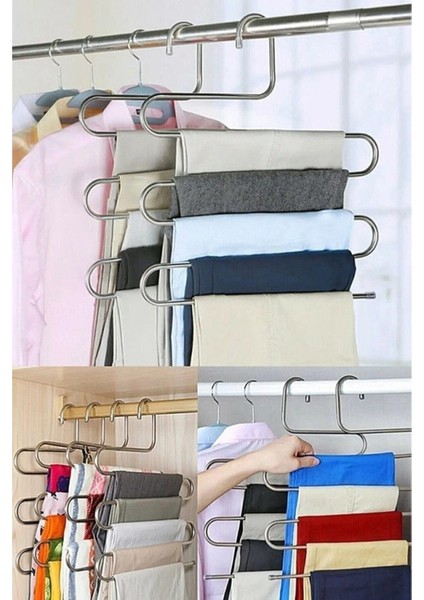 3 Adet Metal Krom Dolap Içi 5 Katlı Pantolon Eşarp Şal Askısı Akıllı Askı Pembe