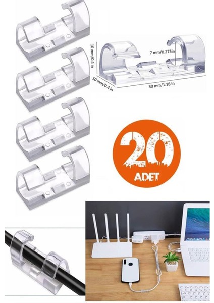 Kablo Düzenleme Sabitleme Kablo Organizer Sabitleyici Tutucu Şeffaf Klips 20LI Düzenleyici