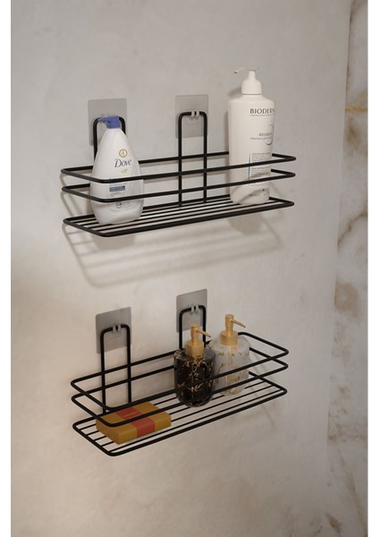2'li Set, Pratik ve Şık Yapışkanlı Banyo Şampuanlık ile Banyonuzda Yer Açın Siyah Havlu Askılığı Tr