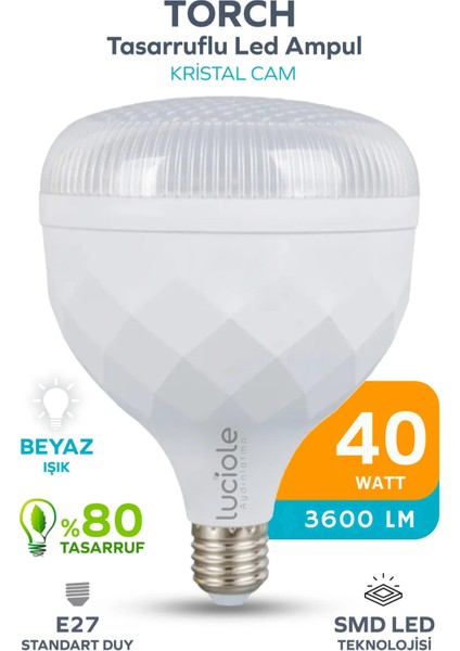 Kristal Torch 40W Yüksek Güçlü Smd LED Ampul - Beyaz Işık - E27 Duy - Enerji Tasarruflu Tekli Beyaz
