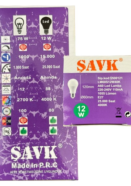 Şavk 12W 4000K (Günışığı) E27 Duylu LED Ampul Tekli Gün Işığı E27 LED Ampul 0 - 250 Watt Yok modelleri
