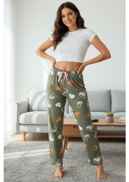 Haki Kalp Desenli Pijama Altı Yazlık Yumuşak Kumaş Ev Pantolonu