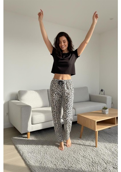 Leopar Desenli Pijama Altı Siyah Beyaz Rahat Kesim Ev Giyimi