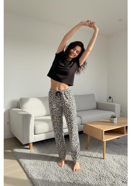 Leopar Desenli Pijama Altı Siyah Beyaz Rahat Kesim Ev Giyimi fiyatları
