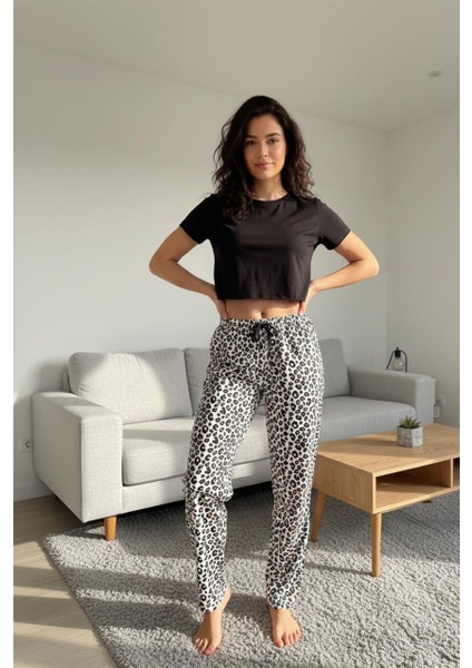 Leopar Desenli Pijama Altı Siyah Beyaz Rahat Kesim Ev Giyimi modelleri