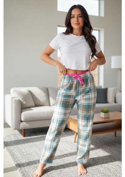 Kareli Yumuşak Kumaş Tek Pijama Altı Kışlık Rahat Kesim Ev Pantolonu