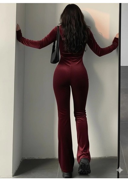 Kadın Uzun Kollu Kapşonlu Fermuarlı Kadife Tulum fırsatları