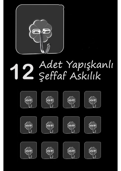 12 Parça Ekstra Güçlü Yapışkanlı, Duvar Delmeden Suya Dayanıklı Şeffaf Askılık Şeffaf