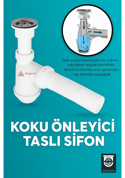 Koku Önleyici Taslı Lavabo Sifonu - Temizlenebilir Hazne, Körüklü Boru, Paslanmaz Giriş Sökülür,temi fiyatları