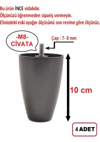 (Vida Ölçüsüne Dikkat) - Armut Plastik Baza Ayağı Koltuk - Kanepe Ayağı 4 Adet Siyah 10 cm M8 Vida M fiyatları