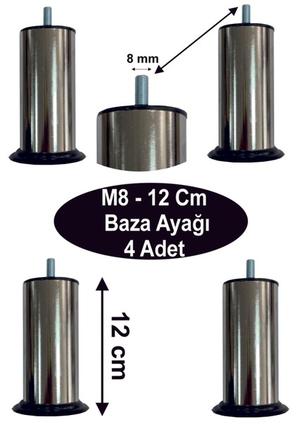 M8 - 12 cm 4 Adet Baza/koltuk Ayağı Gri 4'lü Baza Ayağı Tr