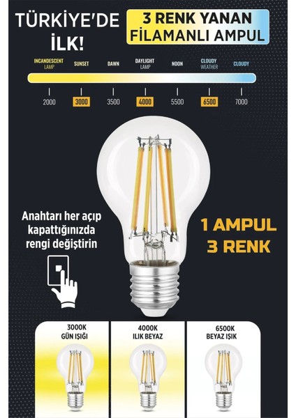 3 Renkli LED Filament Rustik Ampul 6W E27 A60 Tekli Cool White E27 LED Ampul 6 Watt Yok Cn