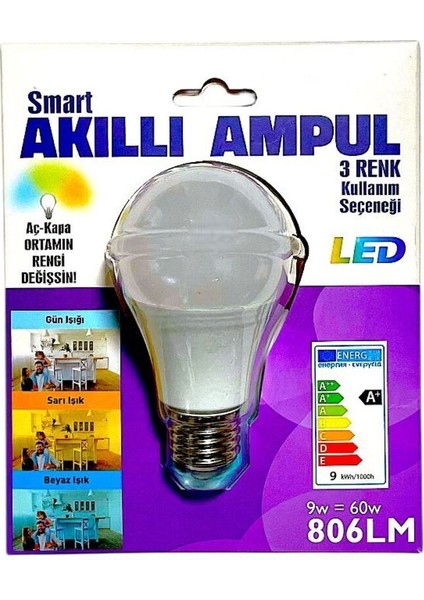 9 Wat Smart Akıllı Ampul 3 Renk Kademeli Tekli Cool White E27 Akıllı Ampul 9 Watt Yok A'dan G'ye A modelleri