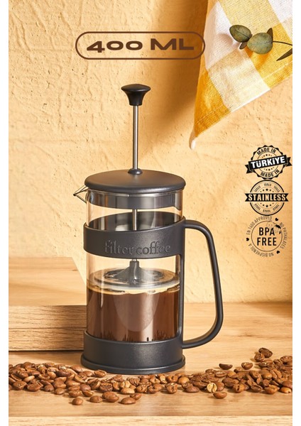 French Press - Dayanıklı Malzeme Filtre Kahve ve Bitki Çayı Demliği Paslanmaz Çelik Süzgeç 400 ml