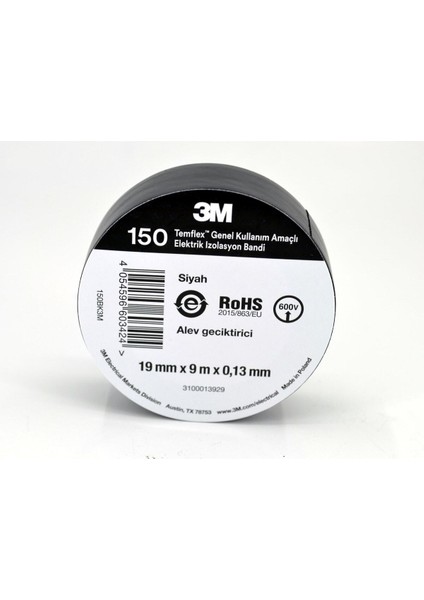 1 Adet Temflex Pvc Siyah Izole Bant Elektrik Bandı Elektrik Bandı Siyah