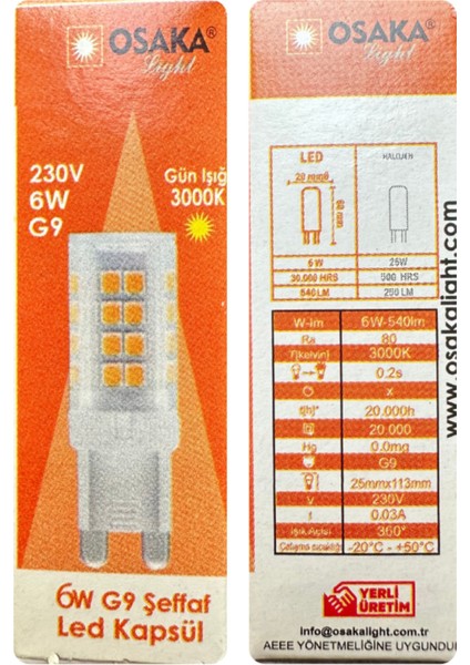 (1 Adet) Osaka 6W 3000K (Sarı Işık) G9 Duylu LED Kapsül Ampul Tekli Sarı Işık G9 LED Ampul 0 - 250 W modelleri