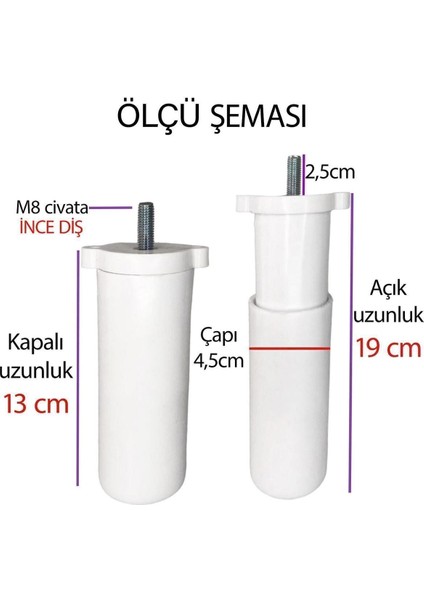 4 Adet Ayarlı Destek Ayağı 13 x 19 cm Beyaz Gizli Ayak M8 Civata Incediş Mobilya Kanepe Baza Koltuk fiyatları
