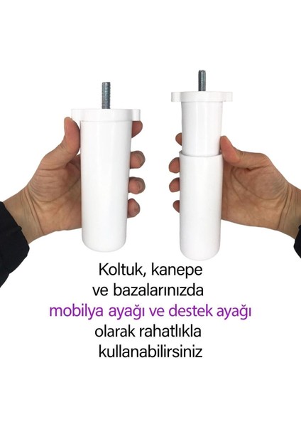 4 Adet Ayarlı Destek Ayağı 13 x 19 cm Beyaz Gizli Ayak M8 Civata Incediş Mobilya Kanepe Baza Koltuk modelleri