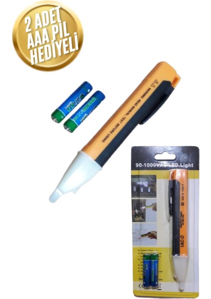 Pilli LED Işıklı, Sesli Temassız Faz Kontrol Kalemi Dijital Ölçüm Cihazı (2 Adet Aaa Pil ) Orta Boy