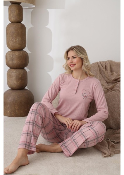 Kadın Pamuk'lu Düğme Yaka Raporlu Interlok Kışlık Pijama Takımı 0108 - 1 Adet