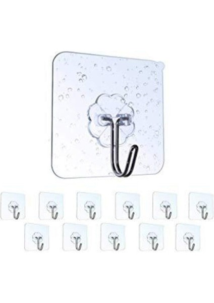 10 Adet Şeffaf Yapışkanlı Duvar Askısı, Vantuz, Kanca Mutfak, Banyo Askılık Güçlü Aksesuar 6X6CM