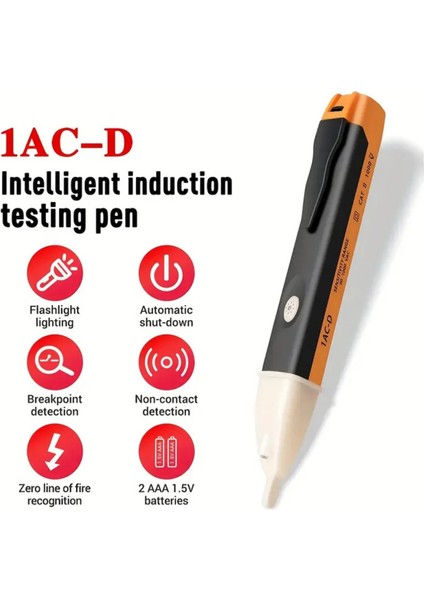 Pilli LED Işıklı, Sesli Temassız Faz Kontrol Kalemi Dijital Ölçüm Cihazı (2 Adet Aaa Pil ) Orta Boy