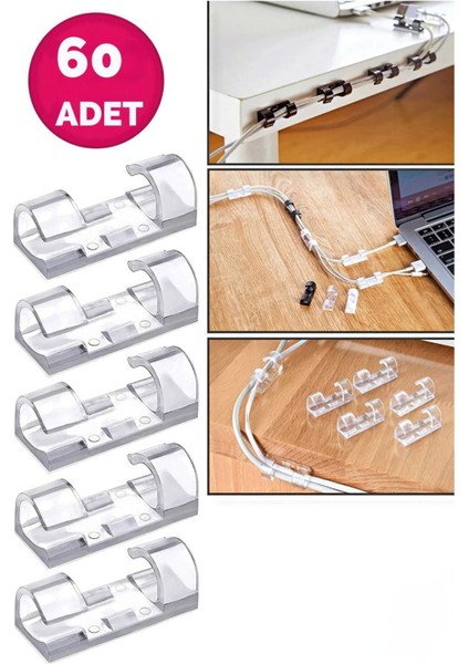 60 Adet Kablo Düzenleyici Klipsler Kablo Sabitleyici Duvar Fayans Cam Kablo Tutucu Yapışkanlı Klips