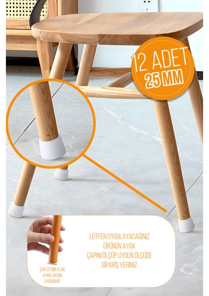12 Adet Sessiz Tip Sandalye Pabucu Masa Sandalye Zemin Koruyucu 2,5 cm Beyaz Beyaz Tekli