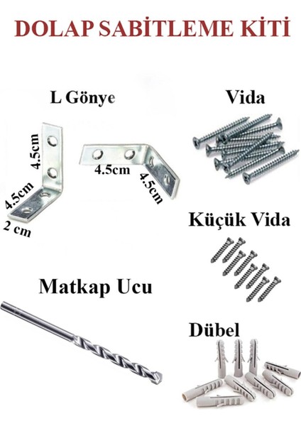 Gri L Demir Dolap Sabitleme 20*45*45 Masa Gönye (10 Adet) + Vida +Dubel + Elmas Beton Matkap Ucu Mob
