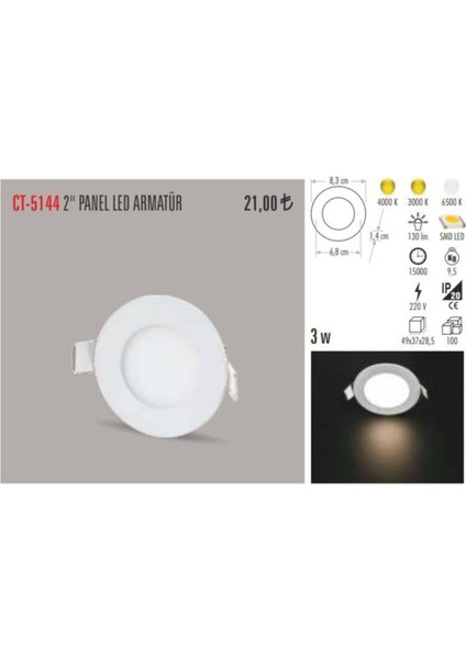 Slim LED Panel Beyaz Işık Metal Kasa 3 Watt Beyaz Işık LED 3 Watt modelleri